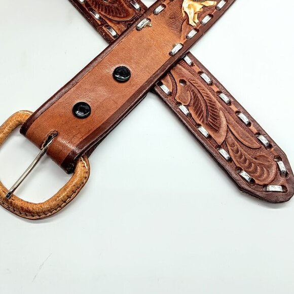 Mexican Silver Brown Hand-Tooled Painted Leather Belt - 36 - Picture 3 of 7